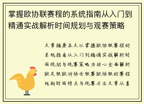 掌握欧协联赛程的系统指南从入门到精通实战解析时间规划与观赛策略