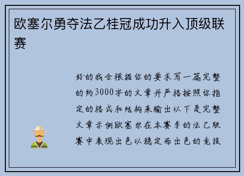 欧塞尔勇夺法乙桂冠成功升入顶级联赛